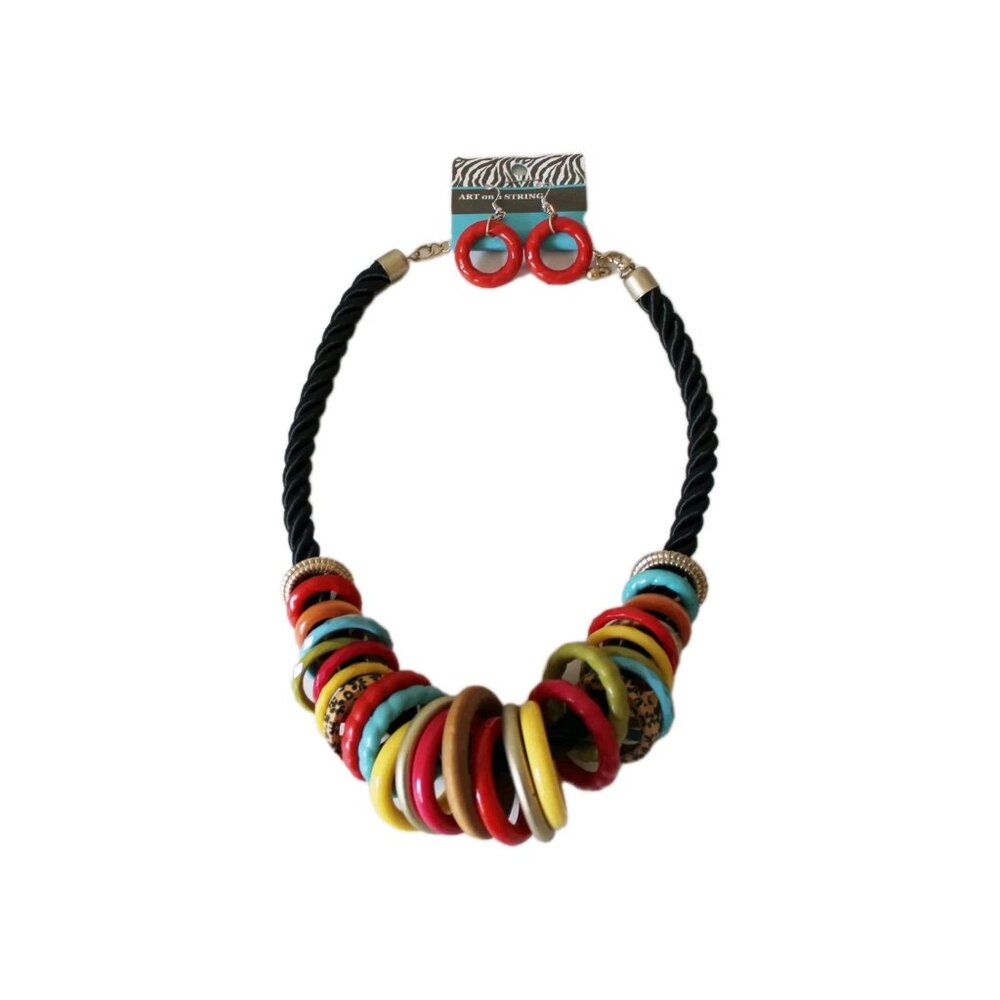 Necklace w/ Earrings Assorted Color Loops on Cord (Art on a String)